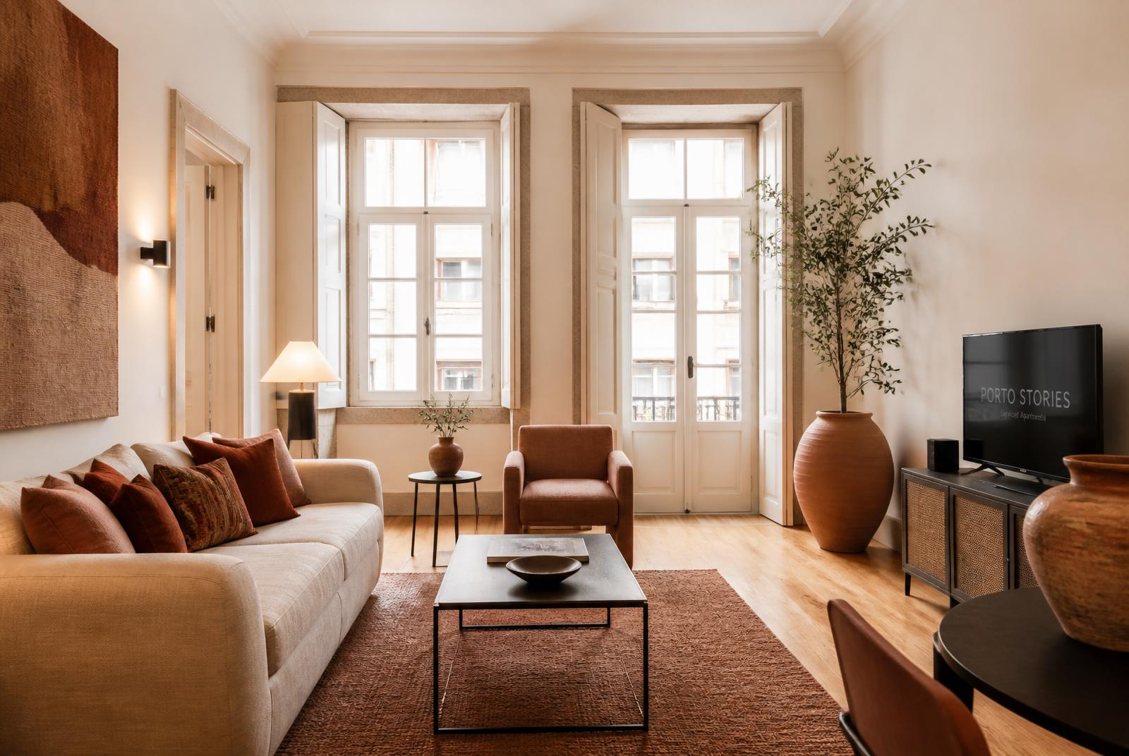 Interior de apartamento de alojamento com serviços no Porto, com luz natural e mobiliário contemporâneo